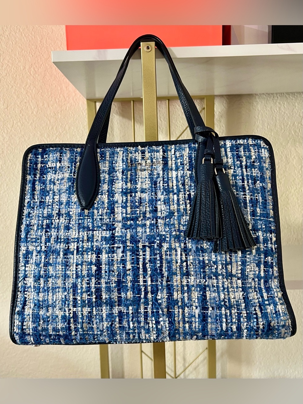 Kate Spade Blue Tweed Bag with Tassel Accent and Crossbody Strap